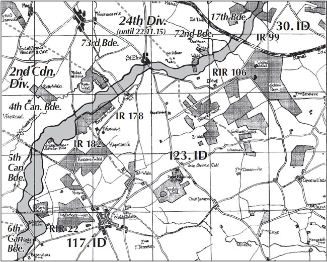 Sector boundaries and unit dispositions at Wytschaete in October 1915