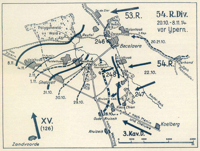 Progress of 54. Reserve-Division up the Menin Road during the First Battle of Ypres