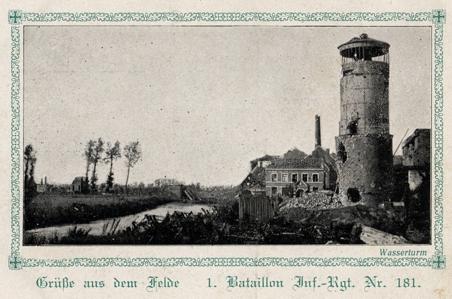 Picture postcard of the Lys and the brewery at Frelinghien, one of a large series printed for I. Batl. / IR 181 by Buchdruckerei Otto Uhlmann of Siegmar near Chemnitz.