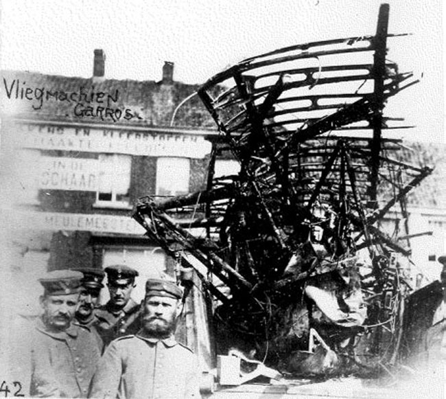 The wreck of Garros’ aircraft on display in Izegem
