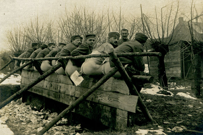 Saxon infantrymen of IR 182 using a communal latrine at Wytschaete