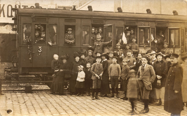 A farewell photo in Leipzig on 12th October 1914 with one of the troop trains which will carry RIR 245 to Belgium