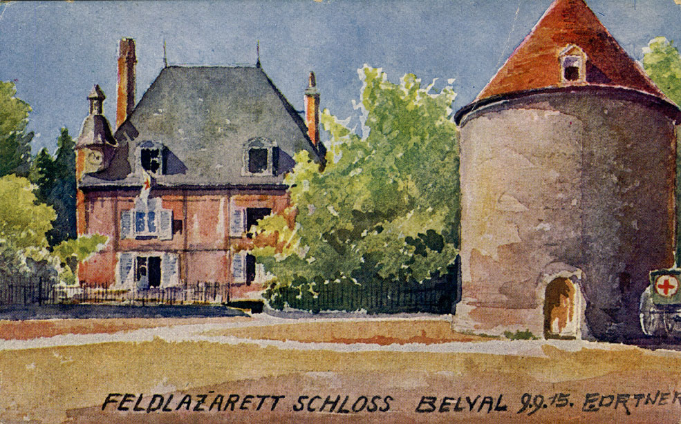 Watercolour showing the chateau from the side, plus an adjacent round tower