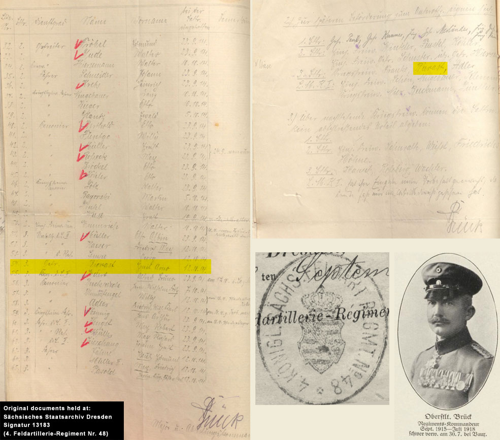Original regimental paperwork recording Arno's arrival with 3. / FAR 48 in the field on 12th October 1914, and assessed fitness for promotion