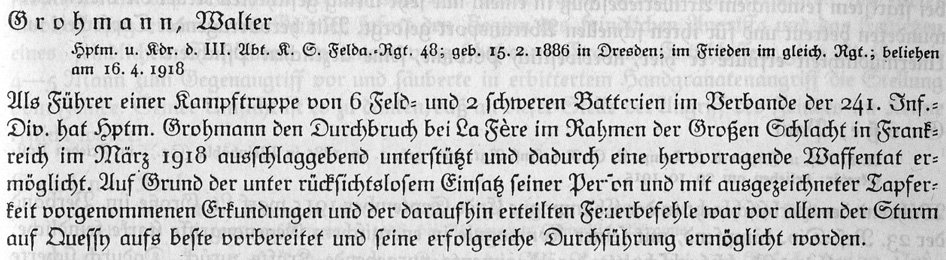 MStHO citation for Hauptmann Walter Grohmann of FAR 48.