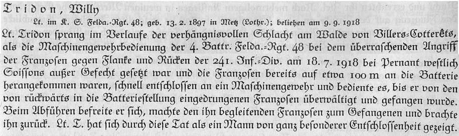 MStHO citation for Leutnant Willy Tridon of FAR 48.
