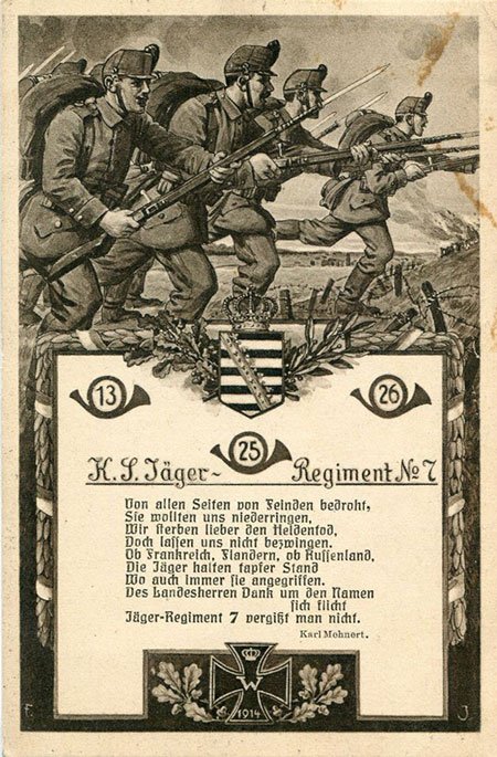 Commemorative postcard for Saxon Jäger-Regiment 7 and its three component battalions.