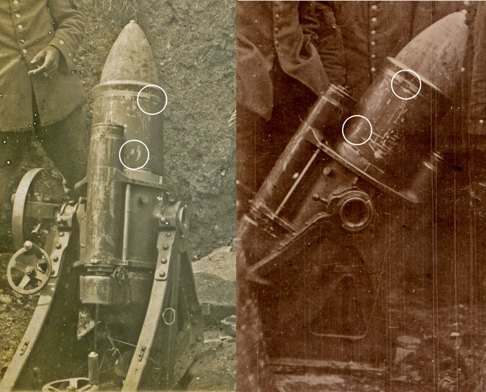 Close comparison of the paint scratches on the Minenwerfer in both photos reveals that it is exactly the same weapon!