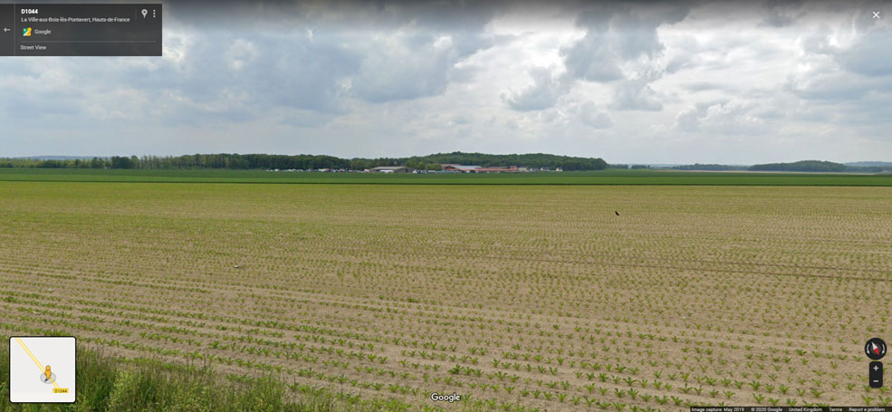 Present-day view of the village and the Bois des Buttes, seen from about the same location on the Laon-Reims road