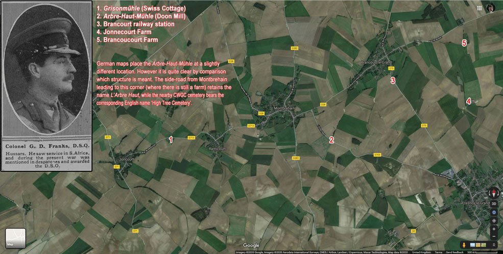 Google Maps view of the area around Montbrehain with relevant locations marked.