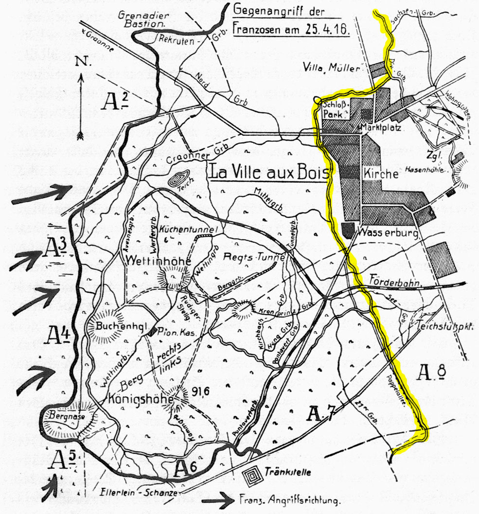 Map of the La-Ville-aux-Bois sector showing the French counterattack of 24th April 1916, with the 1915 German front line marked in YELLOW