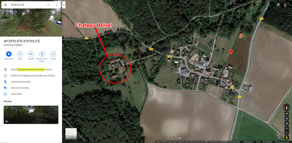 Location of the Château de Belval to the west of Goudelancourt-lès-Berrieux