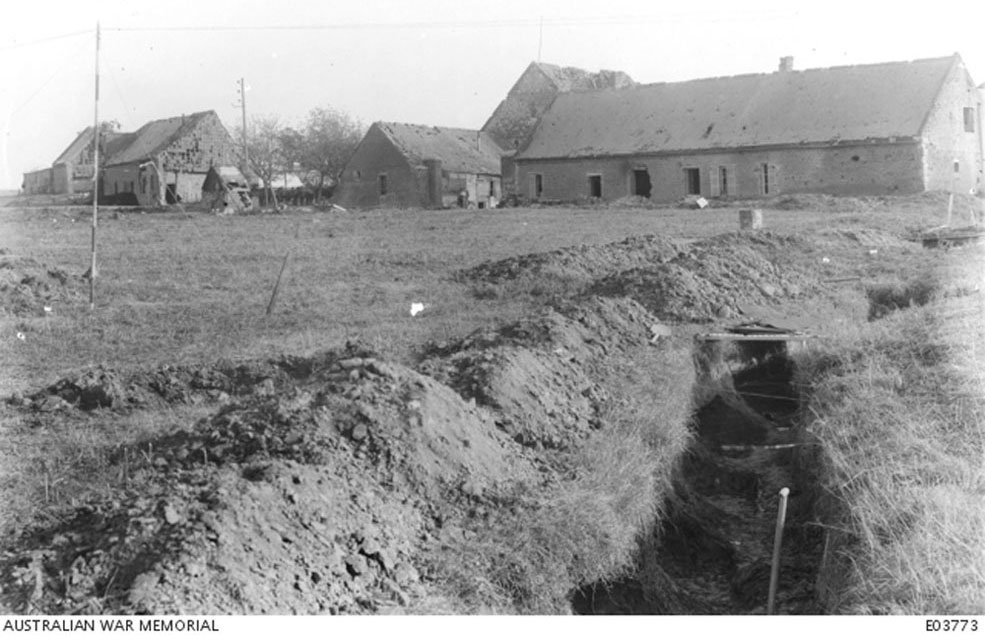 Australian War Memorial archival photo of Grisonmühle (Swiss Cottage) after its eventual capture.
